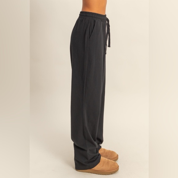 NEW Double Zero Black Cotton Wide Leg Lounge Pants Drawstring High Waist Medium - Picture 5 of 6